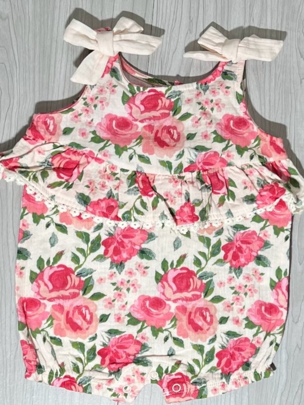 Mud Pie 6m 9m NWT pink rose flower bubble romper cotton gauze ruffle Spring bows